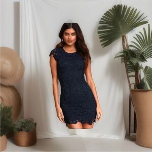 Lulus Romance Language Navy Blue Backless Lace Dress •Cocktail SZ M NWT